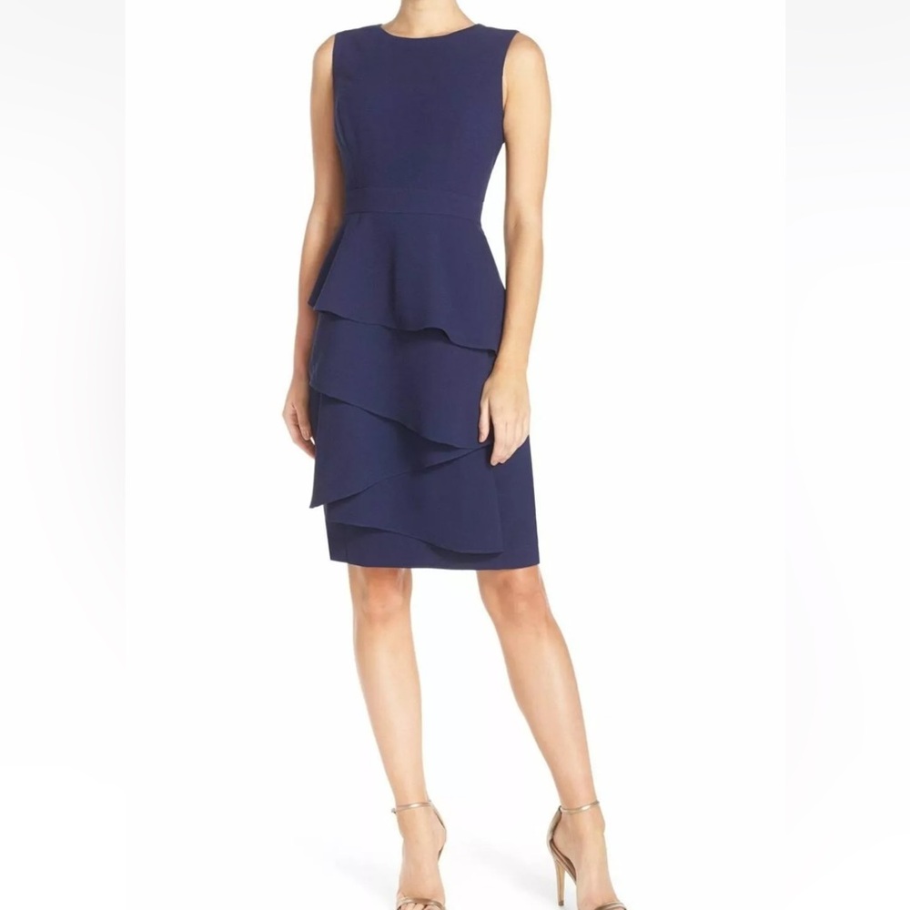 Eliza J  Ella Cascade Crepe Sheath Dress Indigo SZ 4